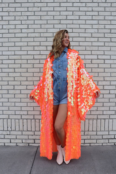 Iridescent Orange Bell Sleeve Kimono