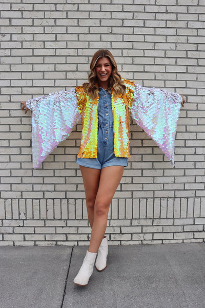 Orange and White Bell Sleeve Short Kimono