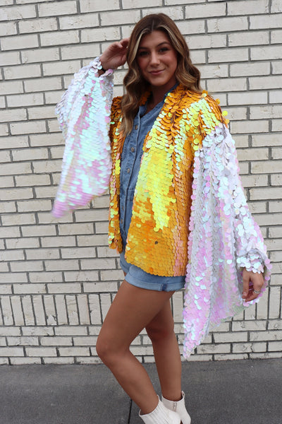 Orange and White Bell Sleeve Short Kimono