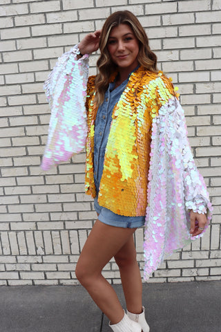 Orange and White Bell Sleeve Short Kimono