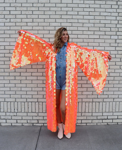 Iridescent Orange Bell Sleeve Kimono