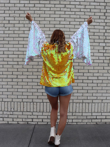 Orange and White Bell Sleeve Short Kimono