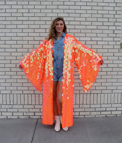 Iridescent Orange Bell Sleeve Kimono