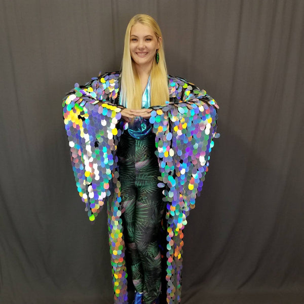 Holographic Silver Rainbow Sequin Kimono | Rave Kimono | Long Wizard Bell Sleeve