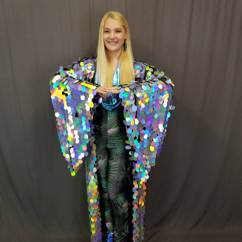 Holographic Silver Rainbow Sequin Kimono | Rave Kimono | Long Wizard Bell Sleeve