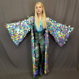 Holographic Silver Rainbow Sequin Kimono | Rave Kimono | Long Wizard Bell Sleeve