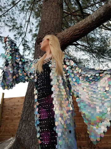 Holographic Silver Rainbow Sequin Kimono | Rave Kimono | Long Wizard Bell Sleeve