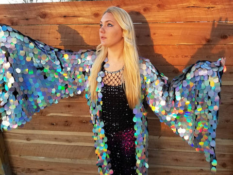Holographic Silver Rainbow Sequin Kimono | Rave Kimono | Long Wizard Bell Sleeve