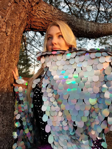 Holographic Silver Rainbow Sequin Kimono | Rave Kimono | Long Wizard Bell Sleeve