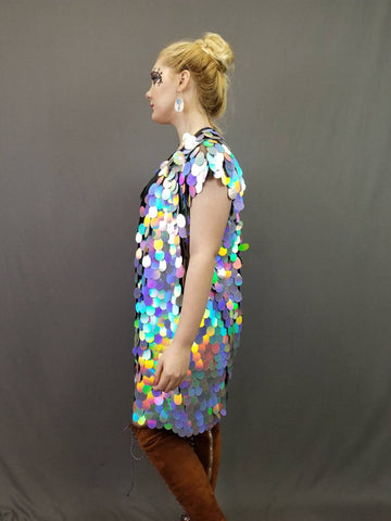 Holographic Silver Rainbow Sequin Kimono | Plus Size Kimono | Rave Kimono
