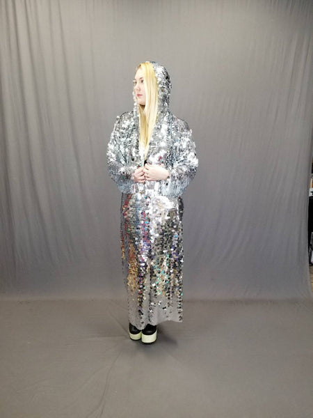 Disco Ball Silver Sequin Kimono / Festival Robe / Long Sleeve Hooded Kimono / Maxi Length / Hooded