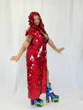 Holographic Red Glitter Iridescent Sequin Kimono / Hooded / Sleeveless / Maxi / Duster