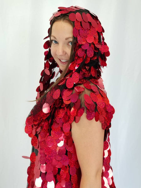 Holographic Red Glitter Iridescent Sequin Kimono / Hooded / Sleeveless / Maxi / Duster