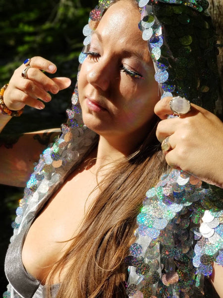 Holographic Glitter Iridescent Sequin Kimono / Hooded / Sleeveless / Maxi / Duster