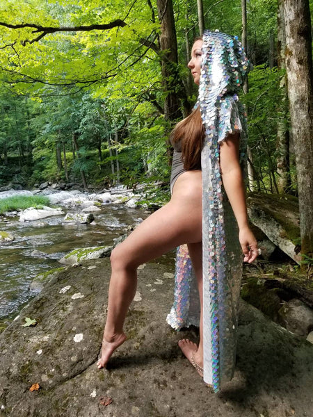 Holographic Glitter Iridescent Sequin Kimono / Hooded / Sleeveless / Maxi / Duster