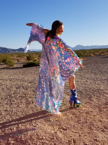 Holographic Iridescent Stripe Sequin Kimono | Plus Size Kimono | Rave | Burning Man ⎪ Wizard Bell Sleeve ⎪ Music Festival