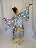 Holographic Iridescent Stripe Sequin Kimono | Plus Size Kimono | Rave | Burning Man ⎪ Wizard Bell Sleeve ⎪ Music Festival