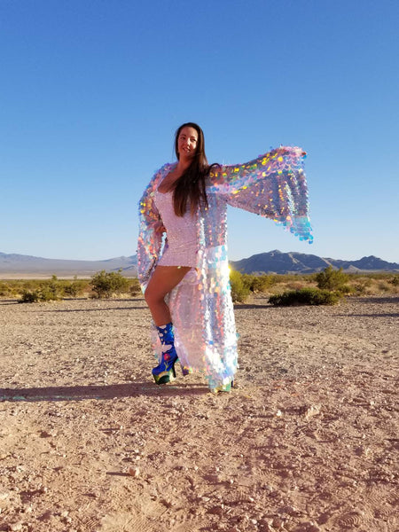 Holographic Iridescent Stripe Sequin Kimono | Plus Size Kimono | Rave | Burning Man ⎪ Wizard Bell Sleeve ⎪ Music Festival