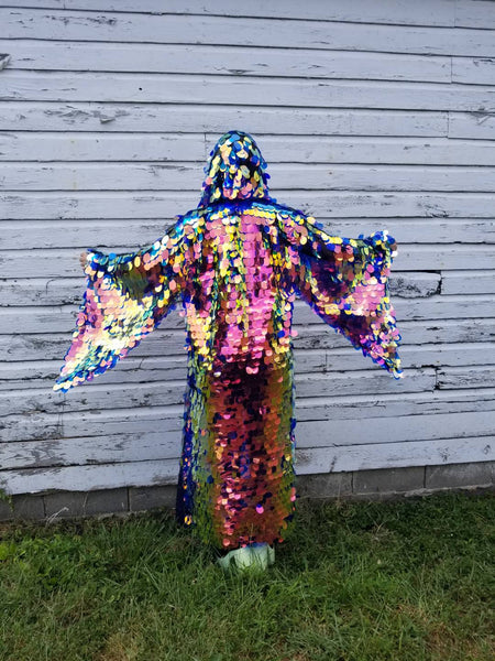 Jumbo Iridescent Fire Sequin Kimono Hooded| Size Inclusive Kimono | Rave Kimono | Burning Man ⎪ Long Wizard Bell Sleeve ⎪ Music Festival