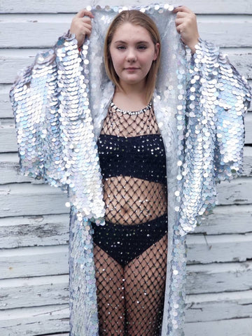 Holographic Rainbow Silver Glitter Sequin Hooded Kimono Robe | Rave Kimono ⎪ Long Wizard Bell Sleeve