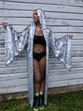 Holographic Rainbow Silver Glitter Sequin Hooded Kimono Robe | Rave Kimono ⎪ Long Wizard Bell Sleeve