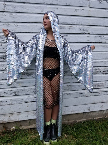 Holographic Rainbow Silver Glitter Sequin Hooded Kimono Robe | Rave Kimono ⎪ Long Wizard Bell Sleeve
