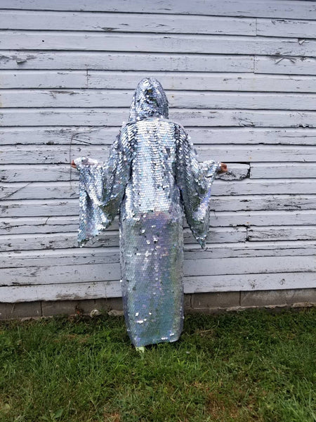 Holographic Rainbow Silver Glitter Sequin Hooded Kimono Robe | Rave Kimono ⎪ Long Wizard Bell Sleeve