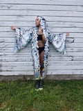 Holographic Silver Rainbow Mermaid Hooded Sequin Kimono | Long Rave Wizard Bell SleeveS