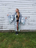 Holographic Silver Rainbow Mermaid Hooded Sequin Kimono | Long Rave Wizard Bell SleeveS