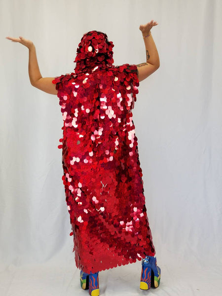 Holographic Red Glitter Iridescent Sequin Kimono / Hooded / Sleeveless / Maxi / Duster