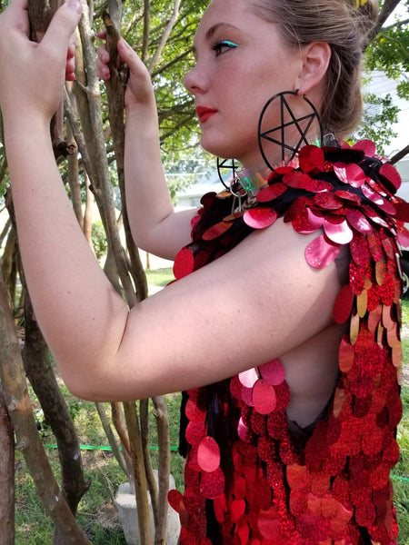 Holographic Red Glitter Iridescent Sequin Kimono / Hooded / Sleeveless / Maxi / Duster