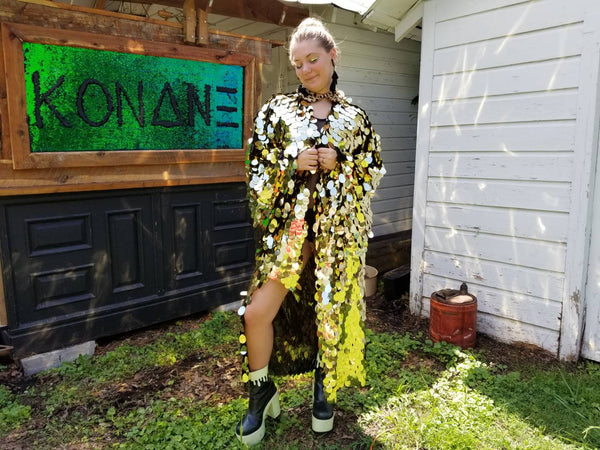 Gold Disco Ball Sequin Kimono | Rave Kimono | Burning Man⎪Bell Sleeve⎪Music Festival / Burlesque