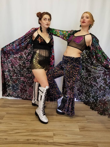 Hooded Floral Sequin Duster / Long Sheer Coat / Mesh Robe / Flower Lace Jacket / Sequin Kimono