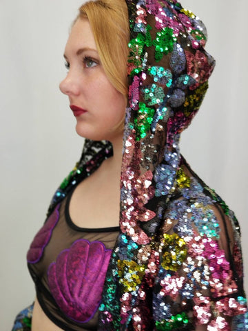 Hooded Floral Sequin Duster / Long Sheer Coat / Mesh Robe / Flower Lace Jacket / Sequin Kimono