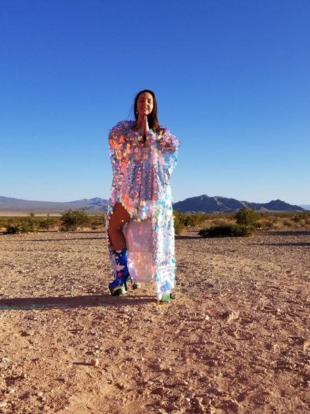 Holographic Iridescent Stripe Sequin Kimono | Plus Size Kimono | Rave | Burning Man ⎪ Wizard Bell Sleeve ⎪ Music Festival