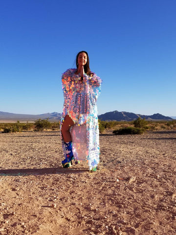 Holographic Iridescent Stripe Sequin Kimono | Plus Size Kimono | Rave | Burning Man ⎪ Wizard Bell Sleeve ⎪ Music Festival