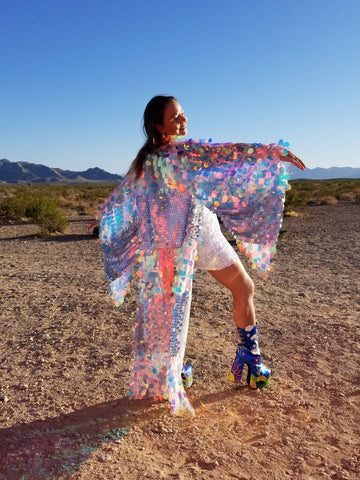 Holographic Iridescent Stripe Sequin Kimono | Plus Size Kimono | Rave | Burning Man ⎪ Wizard Bell Sleeve ⎪ Music Festival