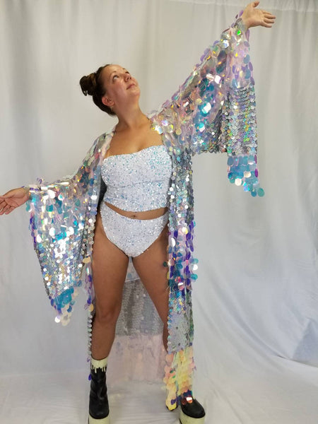 Holographic Iridescent Stripe Sequin Kimono | Plus Size Kimono | Rave | Burning Man ⎪ Wizard Bell Sleeve ⎪ Music Festival