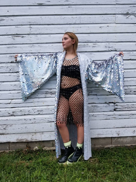 Holographic Rainbow Silver Glitter Sequin Hooded Kimono Robe | Rave Kimono ⎪ Long Wizard Bell Sleeve