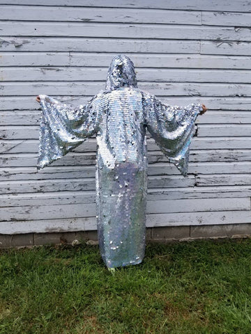 Holographic Rainbow Silver Glitter Sequin Hooded Kimono Robe | Rave Kimono ⎪ Long Wizard Bell Sleeve