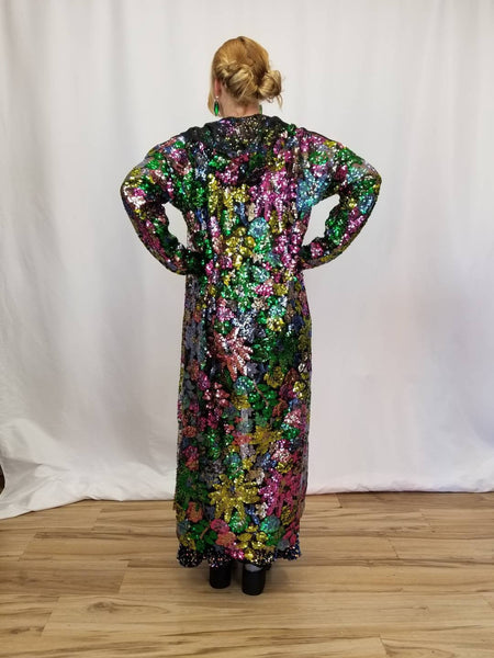 Hooded Floral Sequin Duster / Long Sheer Coat / Mesh Robe / Flower Lace Jacket / Sequin Kimono