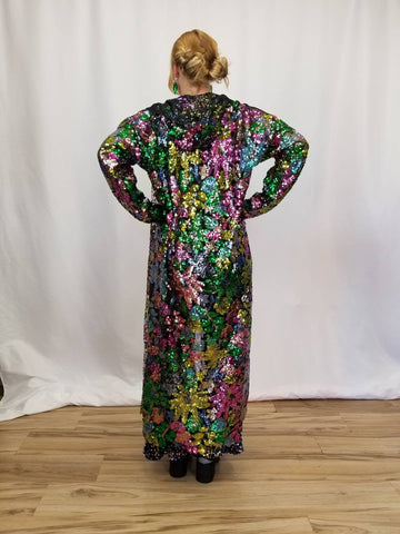 Hooded Floral Sequin Duster / Long Sheer Coat / Mesh Robe / Flower Lace Jacket / Sequin Kimono
