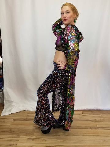 Hooded Floral Sequin Duster / Long Sheer Coat / Mesh Robe / Flower Lace Jacket / Sequin Kimono