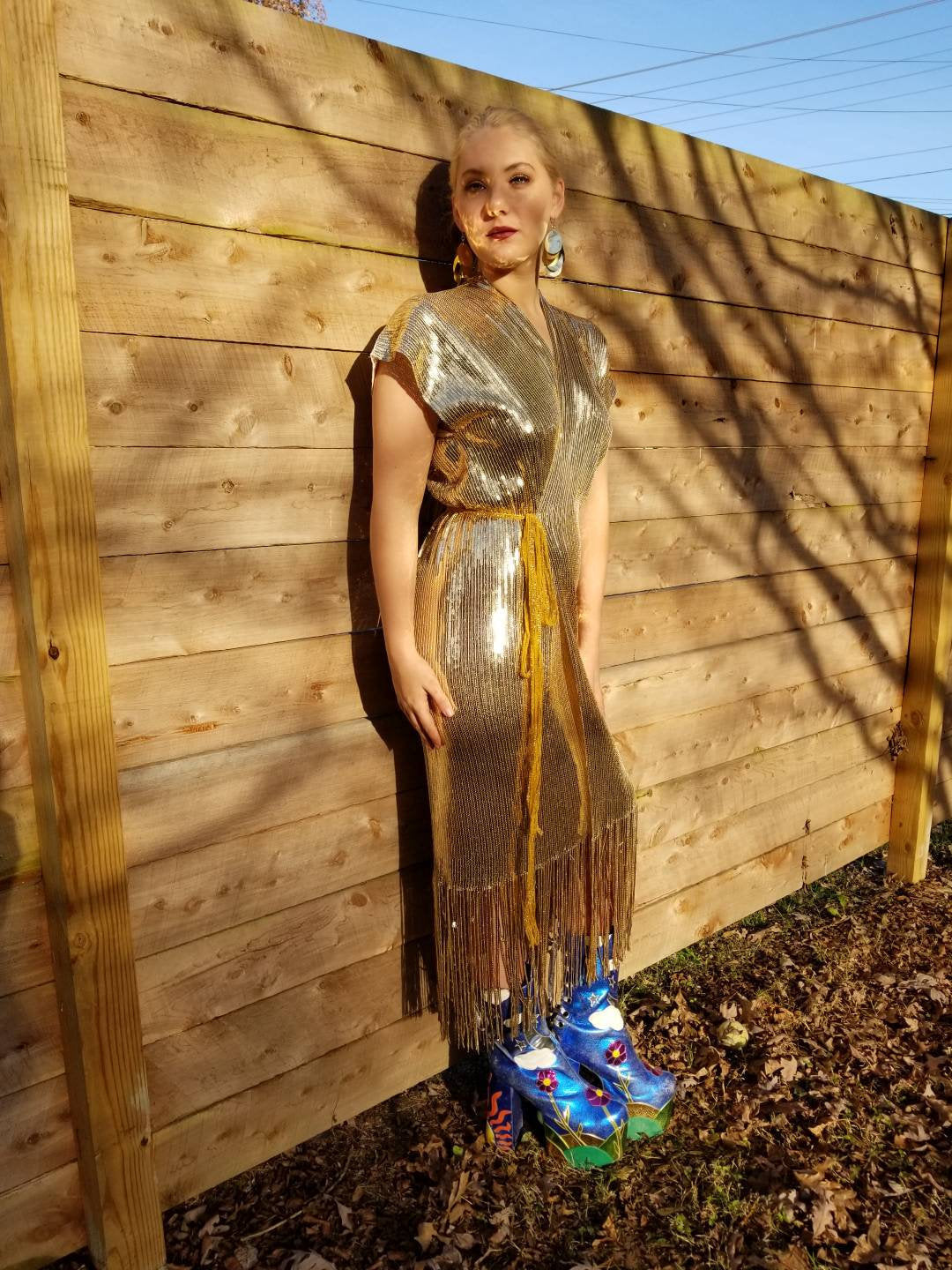 Gold Sequin Fringe Wrap Dress / New Years Eve / Holiday 2020 Midi