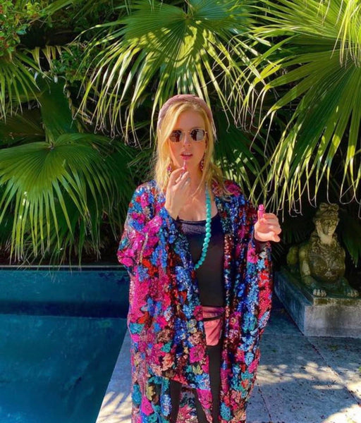 Lace Floral Sequin Bell Sleeve Kimono