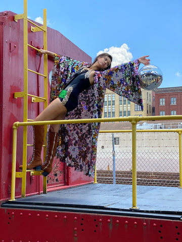 Floral Sequin Lace Bell Sleeve Kimono in Green
