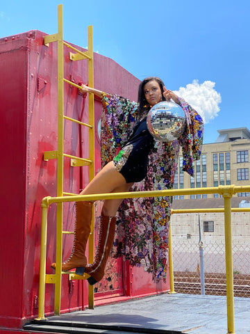 Floral Sequin Lace Bell Sleeve Kimono in Green