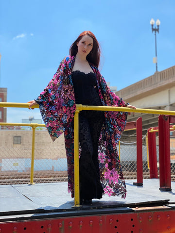 Lace Floral Sequin Bell Sleeve Kimono