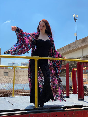 Lace Floral Sequin Bell Sleeve Kimono