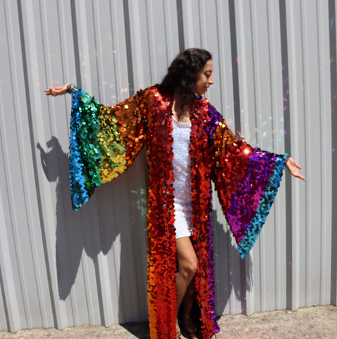 Rainbow Pride Sequin Bell Sleeve Kimono Inspired Festival Robe Plus Size Available